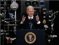  ?? [EVAN VUCCI/THE ASSOCIATED PRESS] ?? President Joe Biden speaks Friday after a tour of a Pfizer manufactur­ing site in Portage, Mich.