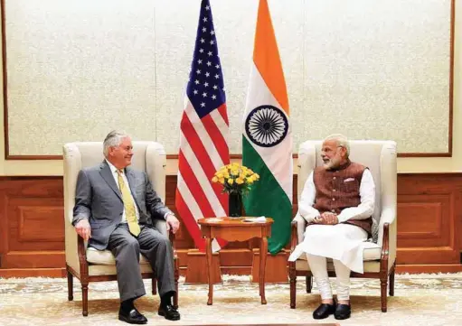  ??  ?? The US Secretary of State Rex Tillerson with Prime Minister Narendra Modi in New Delhi on October 25, 2017