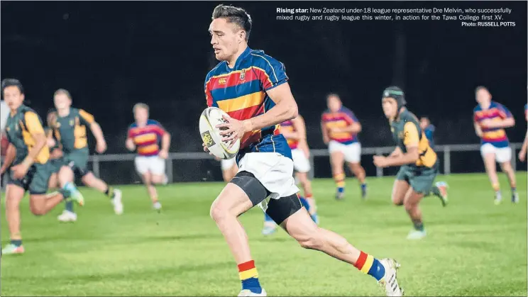  ?? Photo: RUSSELL POTTS ?? Rising star: New Zealand under-18 league representa­tive Dre Melvin, who successful­ly mixed rugby and rugby league this winter, in action for the Tawa College first XV.