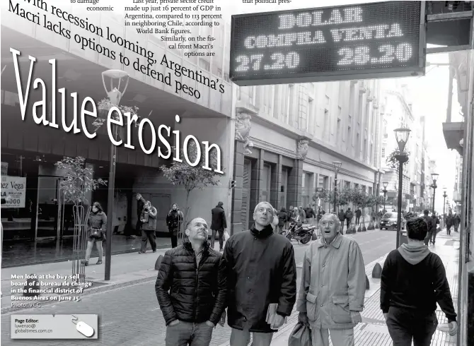  ?? Photo: VCG ?? Men look at the buy-sell board of a bureau de change in the financial district of Buenos Aires on June 15.