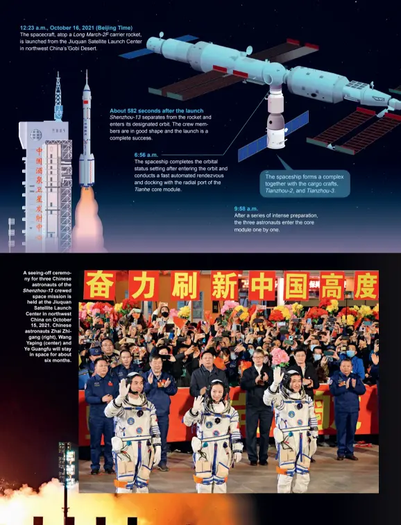  ?? ?? 12:23 a.m., October 16, 2021 (Beijing Time)
The spacecraft, atop a Long March-2f carrier rocket, is launched from the Jiuquan Satellite Launch Center in northwest China’s Gobi Desert.
A seeing-off ceremony for three Chinese astronauts of the Shenzhou-13 crewed space mission is held at the Jiuquan Satellite Launch Center in northwest China on October 15, 2021. Chinese astronauts Zhai Zhigang (right), Wang Yaping (center) and Ye Guangfu will stay in space for about six months. 9:58 a.m.
Tianzhou-2, Tianzhou-3.