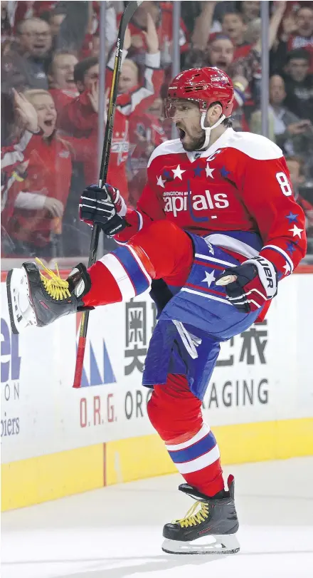  ?? — GETTY IMAGES FILES ?? Four of Alex Ovechkin’s seven goals this season have come from in front of the net. Fans are accustomed to highlight reel goals from Ovie but the star player points out that ‘a goal is a goal.’