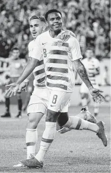  ?? Matt Slocum / Associated Press ?? Weston McKennie, right, celebrates with Tyler Boyd after McKennie’s goal during the first half gave the United States the lead over Curacao on Sunday.