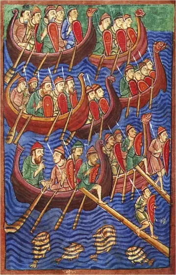  ??  ?? Vikings disembark in England in a 12th-century manuscript. Ubbe and Ivar the Boneless, both of whom were described as “sons of Ragnar”, attacked north- east England in 865