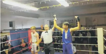  ?? ?? Zak Wood is announced as the winner against Jake Bower at Henry’s Gym in York