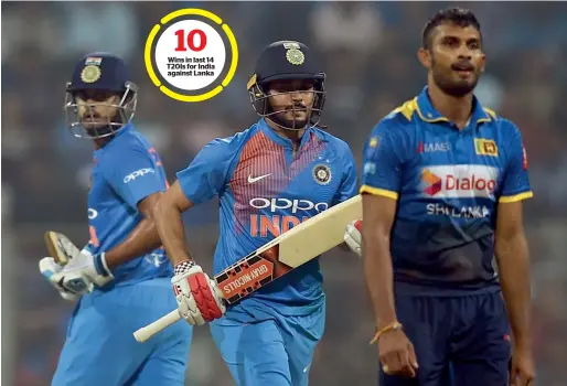  ?? AFP ?? Wins in last 14 T20Is for India against Lanka Indian batsmen Manish Pandey (centre) and Shreyas Iyer (left) run between the wickets during the third T20I against Sri Lanka at the Wankhede Stadium in Mumbai. —