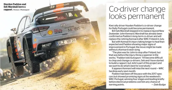  ?? Picture / Photosport ?? Hayden Paddon and Seb Marshall have a rapport.