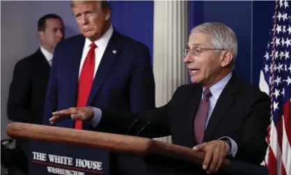  ?? Photograph: Alex Brandon/AP ?? Donald Trump listens as Anthony Fauci speaks at the White House, in April.