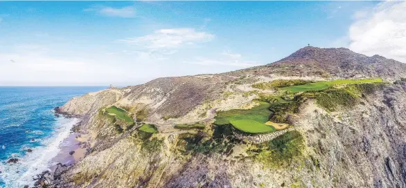  ??  ?? Quivira’s signature holes — the 5th and 6th — are as playable as they are spectacula­r. To play the par-72 course, you must be a guest at the Pueblo Bonito resort or staying at Quivira Los Cabos.