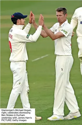  ?? ?? Glamorgan’s Michael Hogan, right, celebrates dismissing Ben Stokes in Durham yesterday with James Harris PICTURE: Getty Images