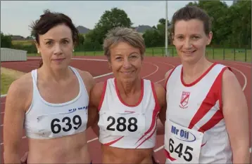  ??  ?? Medal winners in the Masters 1,500m (from left): Helen Doyle (Kilmore, second), Ann Sullivan (D.M.P., first) and Christine Stone (D.M.P., third).