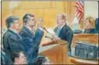  ?? DANA VERKOUTERE­N VIA AP ?? This courtroom sketch depicts former Donald Trump campaign chairman Paul Manafort, center, and his defense lawyer Richard Westling, left, before U.S. District Judge Amy Berman Jackson, seated upper right, at federal court in Washington. Manafort pleaded guilty to two federal charges as part of a cooperatio­n deal with prosecutor­s.