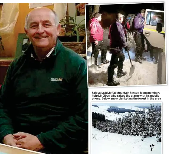  ??  ?? Waist-deep drifts: 6 -year-old former soldier Raymond Cibor Safe at last: Moffat Mountain Rescue Team members help Mr Cibor, who raised the alarm with his mobile phone. Below, snow blanketing the forest in the area