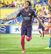  ??  ?? Barcelona's Brazilian forward Neymar celebrates his second goal against UD Las Palmas at the Gran Canaria stadium in Las Palmas de Gran Canaria.