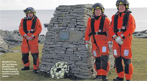  ??  ?? RESPECT: From left, Terri Mooney, Dave Ellis and Friedie Manson at the cairn erected to mark the loss of Bill Deacon