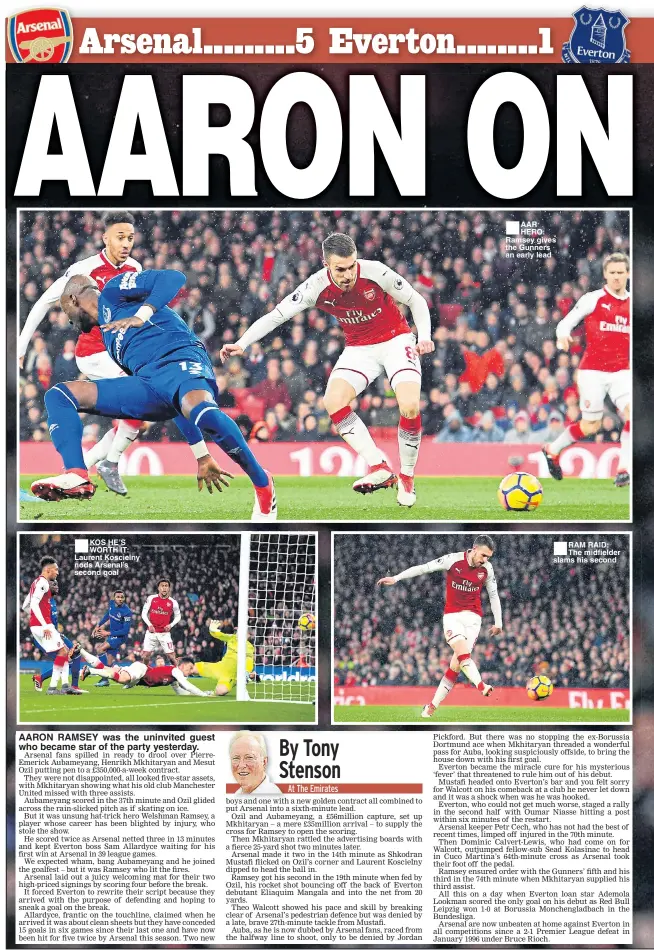  ??  ?? ■
KOS HE’S WORTH IT: Laurent Koscielny nods Arsenal’s second goal ■
AAR HERO: Ramsey gives the Gunners an early lead ■
RAM RAID: The midfielder slams his second