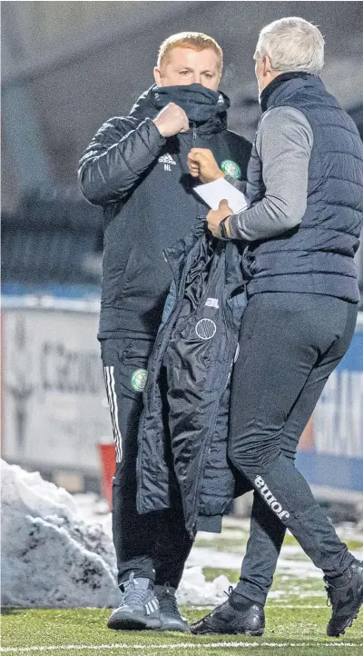  ??  ?? Neil Lennon and Jim Goodwin during their midweek meeting in Paisley and (right) midfielder Ismaila Soro