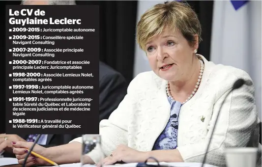  ?? PHOTO D’ARCHIVES, SIMON CLARK ?? Lundi, le gouverneme­nt a confié un mandat de vérificati­on à Guylaine Leclerc (photo) à la suite des allégation­s de l’analyste Annie Trudel et du député Guy Ouellette, dont l’arrestatio­n la semaine dernière par L’UPAC a ébranlé la classe politique.