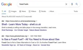  ?? Photograph: Google ?? Google ads on the search term ‘fossil fuels’