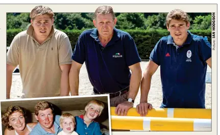  ??  ?? FAMILY MAN: Nick Skelton and sons Dan, left, and Harry at Lodge Hill Stables in Warwickshi­re and (inset), with the boys and their mother, Sarah, in happier times