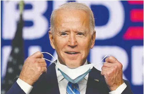  ?? ?? Democratic Presidenti­al candidate Joe Biden speaks in Wilmington, Del., on Wednesday. President Donald Trump
and Biden are squaring off for what could be a legal battle for the White House.