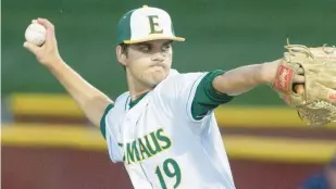  ?? ?? Emmaus starting pitcher Colin Foley throws a pitch against Nazareth during the championsh­ip game on Thursday.