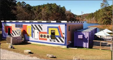  ??  ?? The pandemic prevented Camille Walala from traveling to supervise the installati­on of this mural on the Northwoods pump house at Hot Springs, so OZ Art sent a crew of profession­al artists to execute Walala’s design.