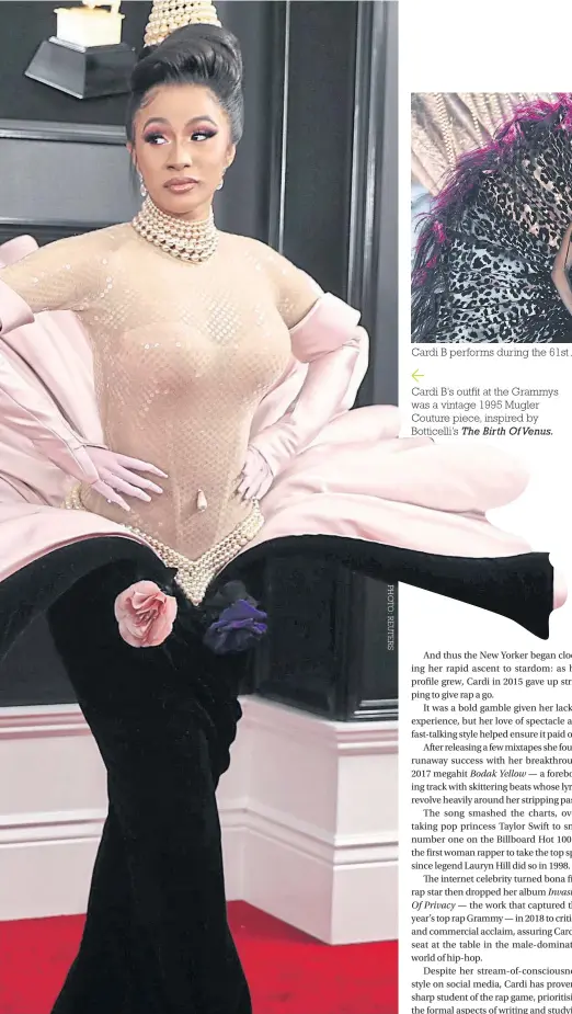  ??  ?? Cardi B’s outfit at the Grammys was a vintage 1995 Mugler Couture piece, inspired by Botticelli’s The Birth Of Venus.