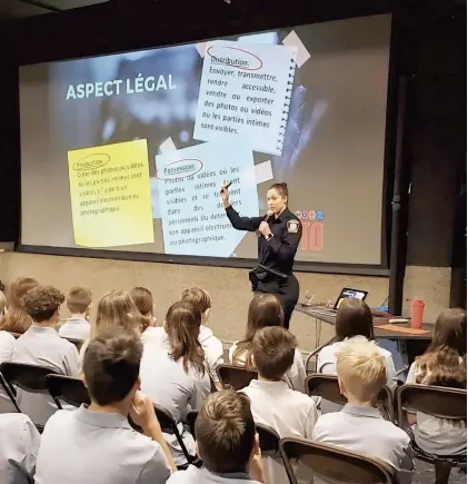  ?? PHOTOS BEN PELOSSE AINSI QUE FOURNIE PAR LA RIPTB ET LE DPCP ?? Ci-haut, la régie de police Thérèse-De Blainville donne depuis quelques mois des conférence­s dans les écoles sur cette problémati­que. À droite, le prévention­niste-enquêteur Eric Huard.