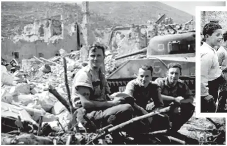  ??  ?? Above, Wellington­ian Robin Kay took this photograph of NZ soldiers on May 18, 1944, after the fall of Cassino. Above, inset, New Zealand doctor H.T. Knights examines Italian children for malaria at Piedimonte d’Alife.