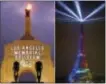  ?? FILE — THE ASSOCIATED PRESS ?? At left is a the facade of Los Angeles Memorial Coliseum in Los Angeles. At right the Eiffel Tower is lit with colors for Paris 2024 during the launch of the internatio­nal campaign of the capital of France as a candidate for the 2024 Olympic summer...