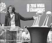  ?? Jerritt Clark Getty Images ?? PENNY TOLER celebrates the last of her three WNBA titles with the Sparks at L.A. Live in 2016.