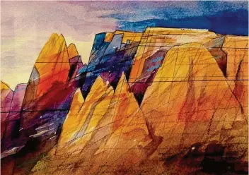  ?? Foto: Salento/agt ?? Aquarelle von Eugen Keri unter dem Titel „Dolomiteng­ipfel“sind bis 30. April im Bistro Salento, Frauentors­traße 12, ausgestell­t. Zu besichtige­n von Montag bis Freitag von 8 bis 18 Uhr.