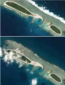  ?? REUTERS PIX ?? Satellite photos showing Chinesecon­trolled North Island, part of the Paracel Islands group in the South China Sea, on Feb 15 (top) and on March 6.