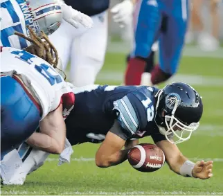  ?? FRANK GUNN/THE CANADIAN PRESS ?? Toronto’s Ricky Ray was hurt in Monday’s game against the Montreal Alouettes, becoming the latest quarterbac­k in the CFL to suffer an injury.