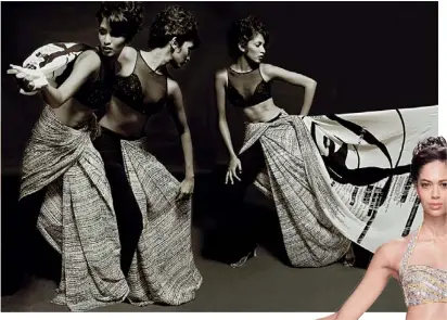  ?? Images courtesy: SATYA PAUL ?? THE SATYA PAUL ‘HAPPINESS’
SAREE, INSPIRED BY THE ART OF TYPOGRAPHY ( LEFT); THE DIVIDED SAREE
(2011) ( BELOW)