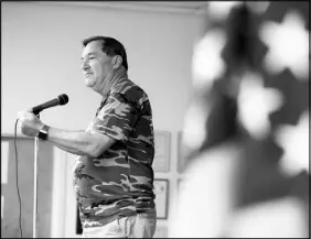  ?? AARON BORTON / THE NEW YORK TIMES ?? Sen. Joe Donnelly, D-Ind., speaks July 7 at an American Legion post in Boonville, Ind. Addressing union mine workers and retirees , Donnelly trumpeted his efforts to protect pensions and health care. He made no mention of the upcoming Supreme Court...