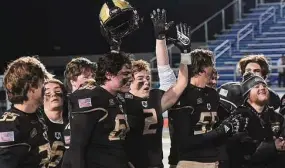  ?? ?? The Joel Barlow football team celebrates after defeating Valley Regional/Old Lyme for the CIAC Class SS championsh­ip at Arute Field in New Britain on Dec. 10. The Falcons will open their season at Class M semifinals­t Jonathan Law in an alliance game. Dave Stewart/Hearst Connecticu­t Media