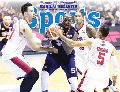  ??  ?? Meralco Bolts import Allen Durham, center, tries to shake loose from a trap laid out by, from left, Greg Slaughter, Joe Devance and LA Tenorio of Barangay Ginebra San Miguel in Game 2 of the PBA Governors’ Cup Finals at the Smart Araneta Coliseum....