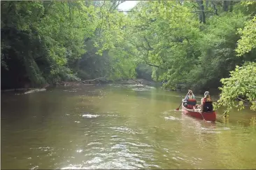  ?? Contribute­d photo by Joe Cook Contribute­d photo by Joe Cook ?? Ramsey Cook of Rome and Jessa Goldman of Pisgah Forest, North Carolina, paddle down the Etowah River.
Makai Troncalli rides along with his sister Mei Troncalli during Paddle Georgia on the Etowah River.