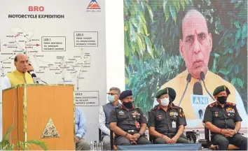  ?? ANI ?? Defence Minister Rajnath Singh addresses after presiding over the breakthrou­gh blast of the Sela tunnel, at National War Memorial in New Delhi yesterday.