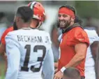  ?? JEFF LANGE/AKRON BEACON JOURNAL ?? There's a good chance quarterbac­k Baker Mayfield and the Browns could be favored in 13 or 14 of their last 16 games.