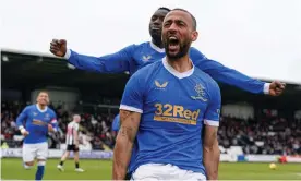  ?? ?? Kemar Roofe celebrates completing his first hat-trick for Rangers. Photograph: Andrew Milligan/PA