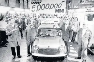  ?? Pictures: PA. ?? Clockwise, from top: Noel Edmonds joins staff in 1986 to celebrate the production of 5,000,000 cars; A new Morris Mini-Minor, about to set off on a round-the-Mediterran­ean trial run in 1959; The assembly line at the British Motor Corporatio­n’s Longbridge site in Birmingham as production of the Mini first began in 1959.