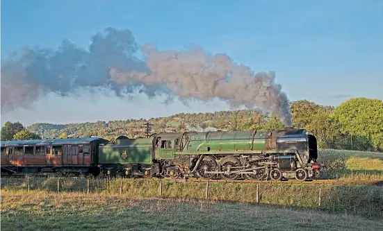  ??  ?? Lit by the low autumn sun, BR Standard Pacific No. 70000 Britannia, currently top of the overhaul queue at Crewe with a return to steam planned for next year, passes Oldbury on the Severn Valley on September 9, 2018.