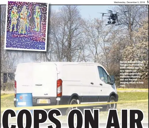  ??  ?? During demonstrat­ion Tuesday in Queens, the NYPD showed how its new drones can examine potentiall­y explosive situations and use thermal imaging (inset) to help cops.