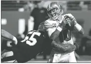  ?? AP/TONY AVELAR ?? San Francisco 49ers quarterbac­k Jimmy Garoppolo is sacked by Carolina Panthers linebacker Bruce Irvin for a safety Sunday during the second half in Santa Clara, Calif.