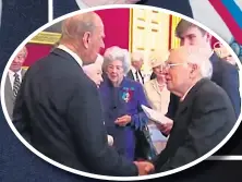  ??  ?? JOKE’S ON ME: Prince Philip cracks joke, left. Above, he dabs eyes. Inset, meeting people at the Order of Merit service