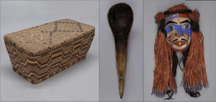  ??  ?? Treasured objects such as a Lil’wat basket by Matilda Jim, a Nisga’a spoon, and a Heiltsuk mask by Ian Reid illuminate themes of language, community, and reconcilia­tion. Derek Tan and Jessica Bushey photos.