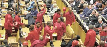  ?? | EPA ?? THE EFF disrupts Parliament as president Jacob Zuma attempts to give his State of the Nation Address in 2016. The party has threatened to do the same with President Cyril Ramaphosa tomorrow evening.